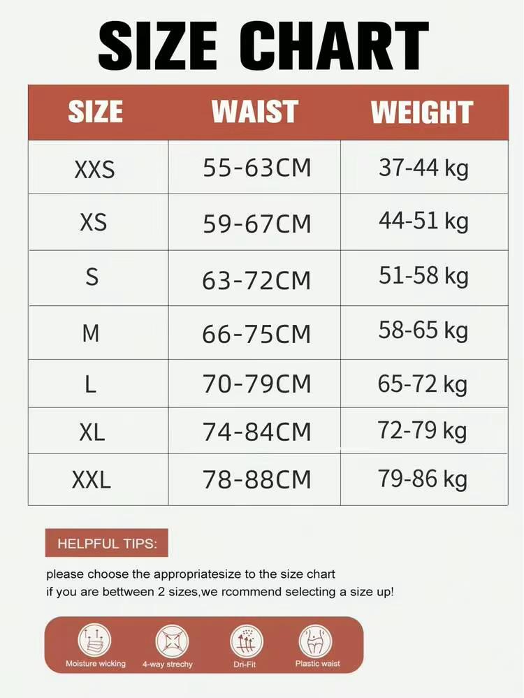 A size chart table showing waist measurements and recommended weights for sizes XXS through XXL, with a white background and orange header blocks. The title 'SIZE CHART' appears at the top, and small icons at the bottom mention moisture wicking, 4-way airflow, and plastic free.