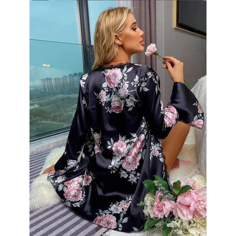 Basic Three Piece Nighty Floral Satin Silk