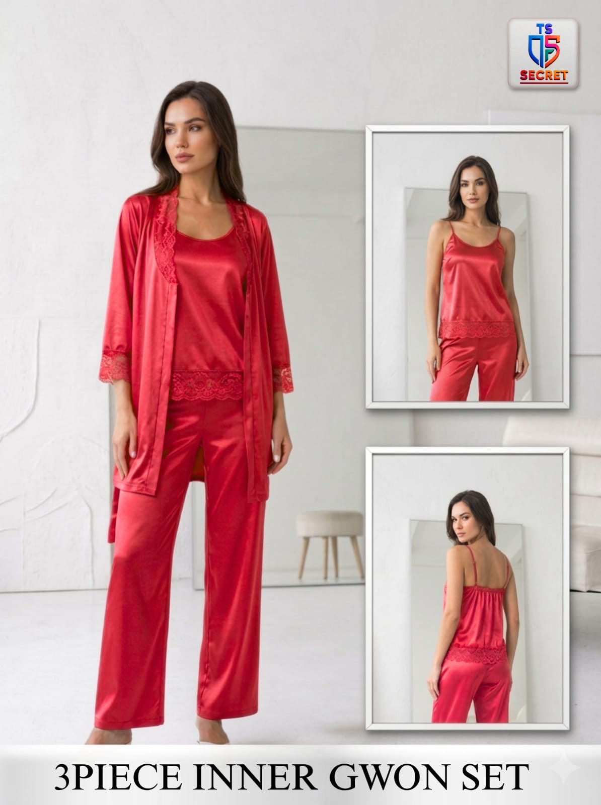 Woman wearing a red 3-piece inner gown set with inset images on a white background.