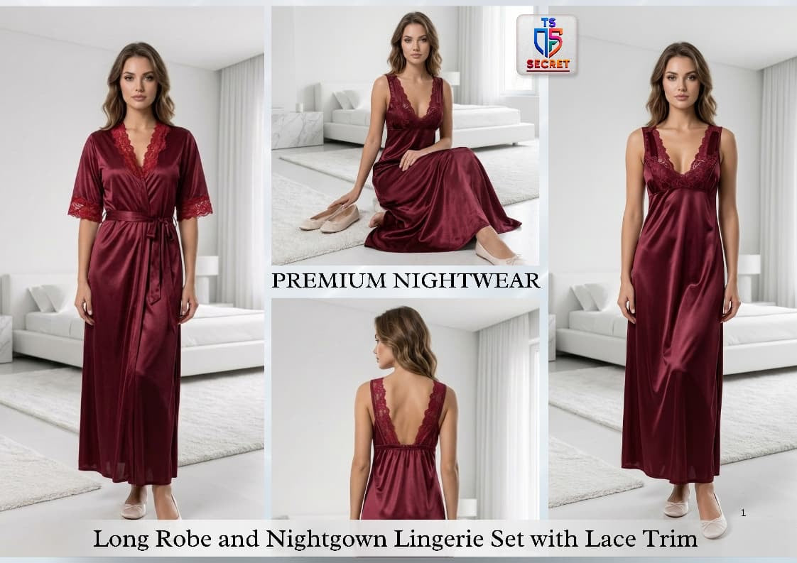 Burgundy nightgown and robe set with lace trim displayed in a room.