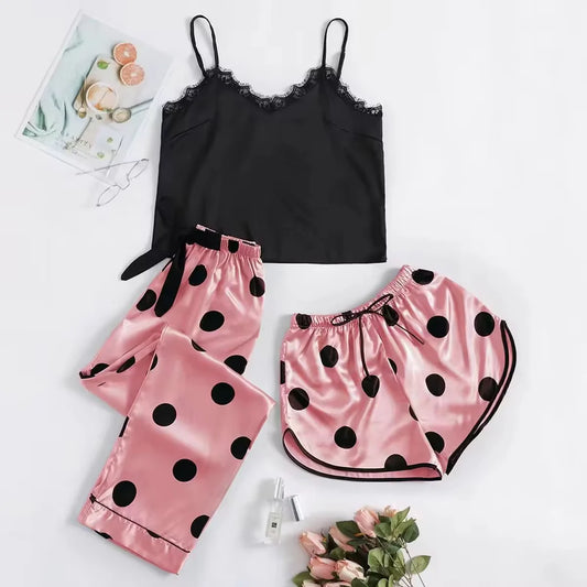 Basic Lingerie Silk Satin Nighty with Shorts and Pajama Polka Dot 3 Pcs Nighty pink