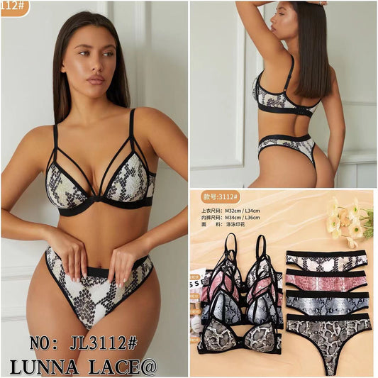 Woman modeling a black and white lace lingerie set with additional images of the product.