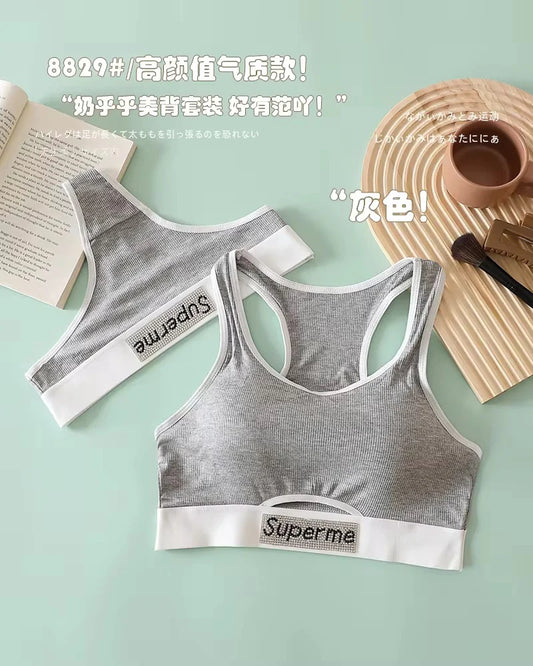 Gray sports bra with 'Supreme' branding on a light green background