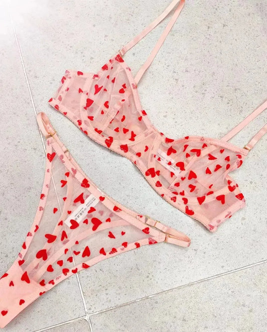 BLS Sheer Heart Mesh Lingerie Set – Transparent Bra & Thong Panty
