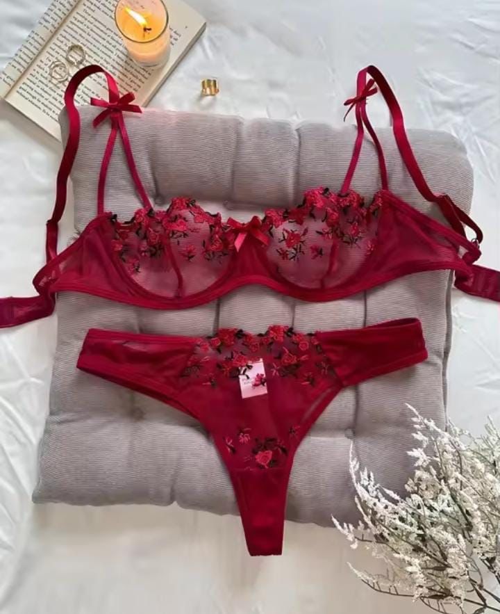 BLS "Royal-Allure" Bow Strap Lingerie Set – Floral Mesh Beauty