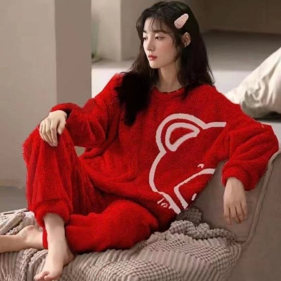 Hot Red Winter Fleece Warm Night Suit