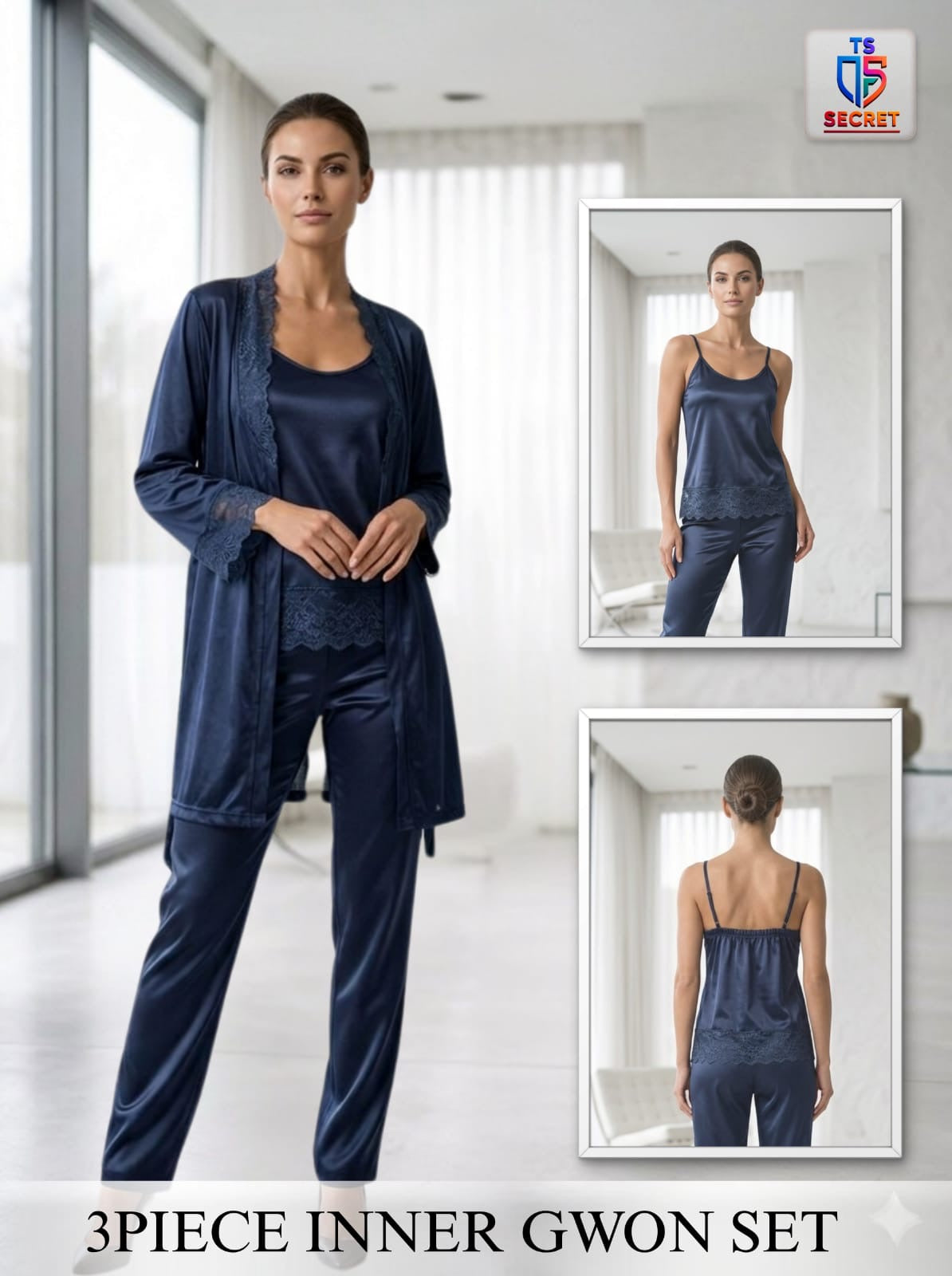 Woman wearing a navy blue 3-piece inner gown set with inset images showing different angles.