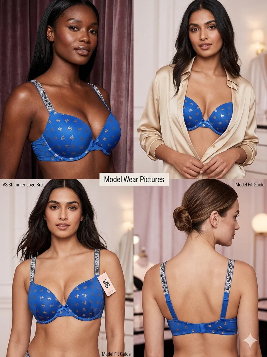 Blue bra worn by a model with various angles shown, including front, back, and side views.