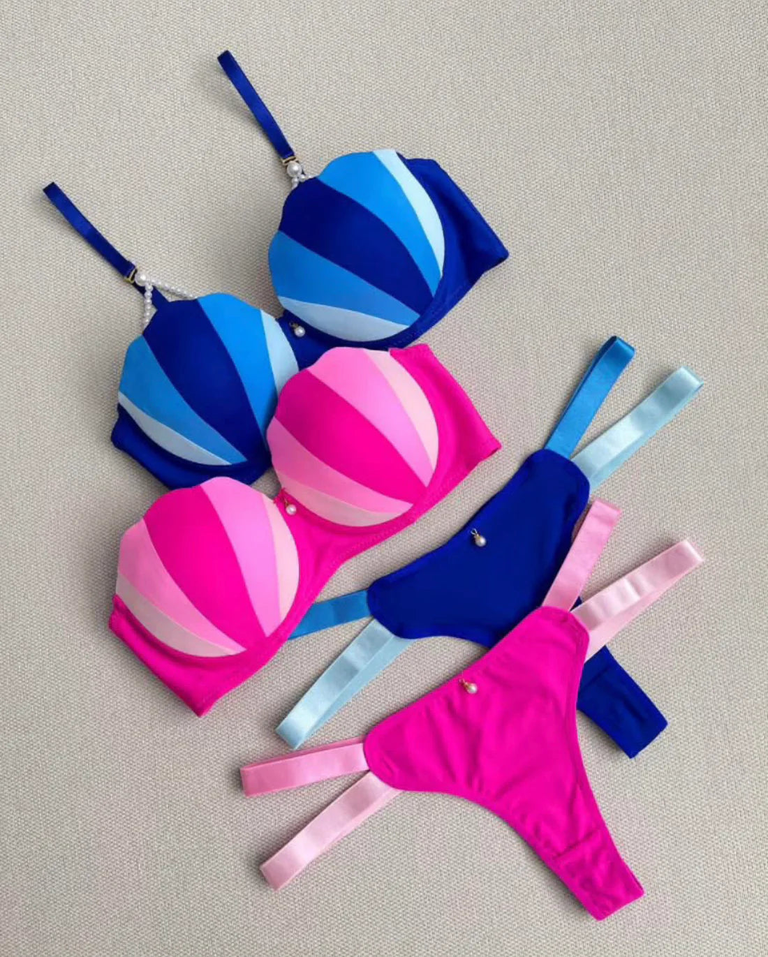 BLS Striped "Tutti Frutti" Bra & Thong Lingerie Set with Pearls