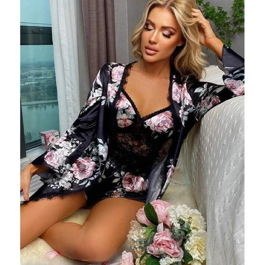 Basic Three Piece Nighty Floral Satin Silk