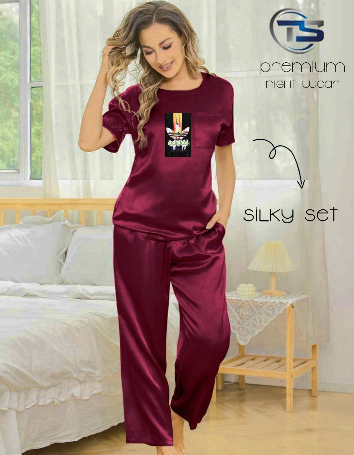 Adidas Night Dress for Women Daily Wear PJ Soft Silk Night Suit maroon