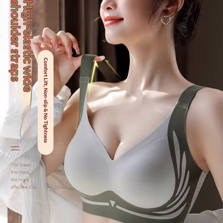 BLS Woman wearing a gray bra with wide shoulder straps, text on the left side.