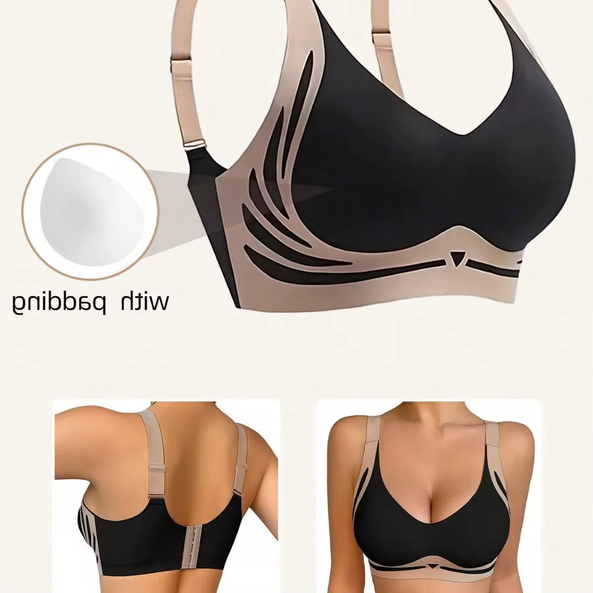 BLS Black and beige bra with close-up and side views on a white background