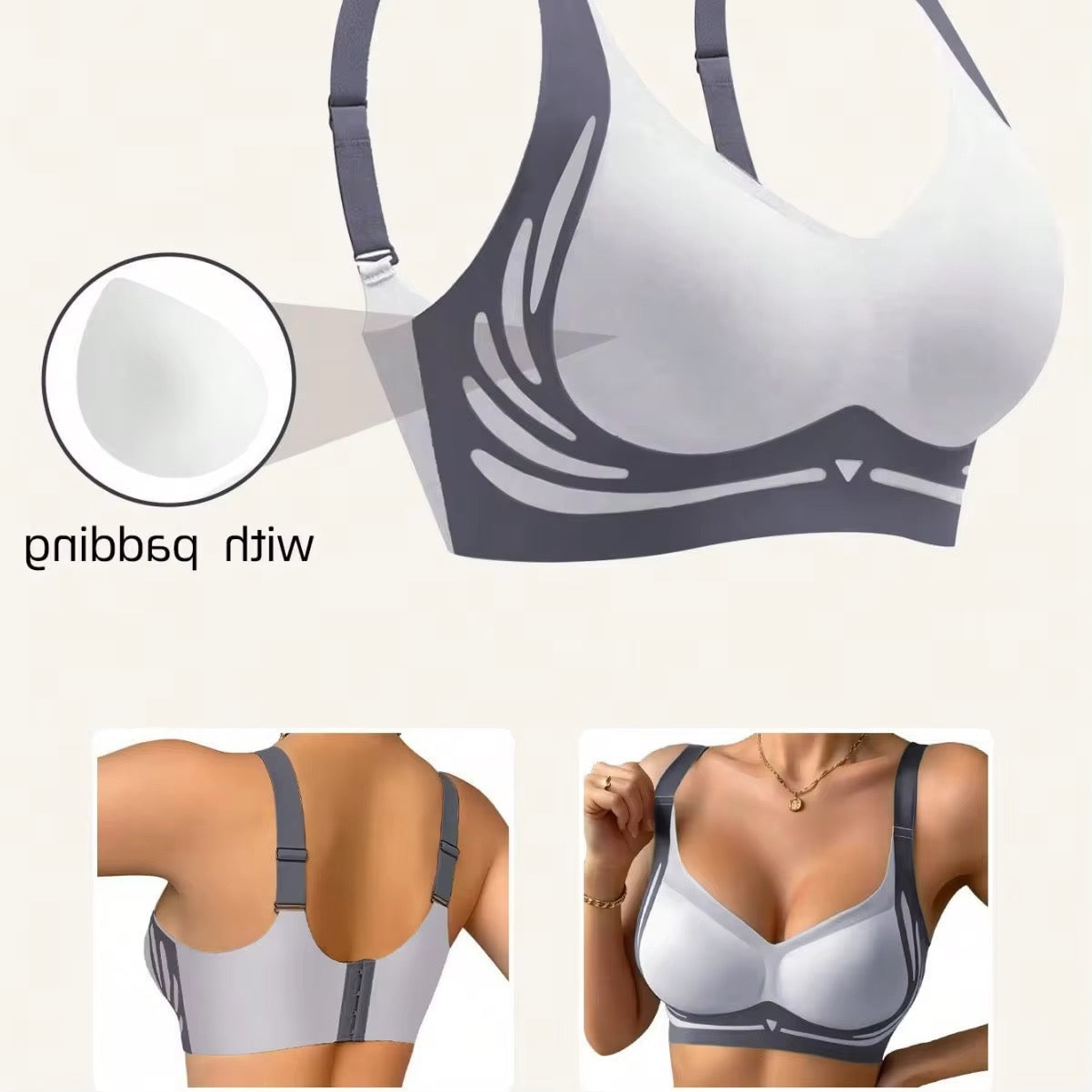 BLS Gray and white bra with close-up details on a beige background