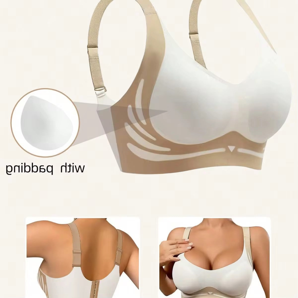 BLS White and beige bra with close-up details on a light beige background