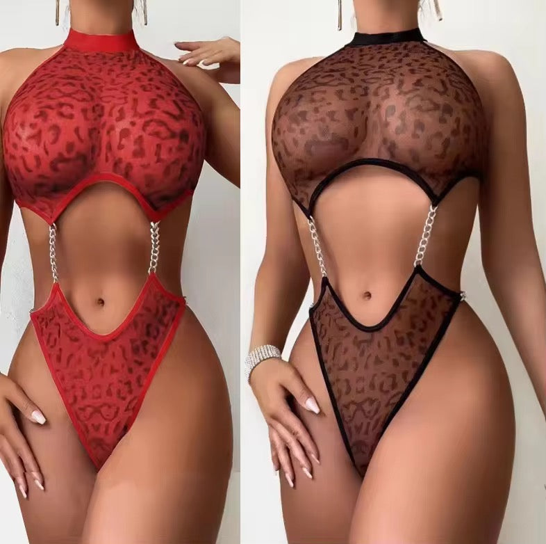 Two leopard print lingerie sets in red and black on a neutral background