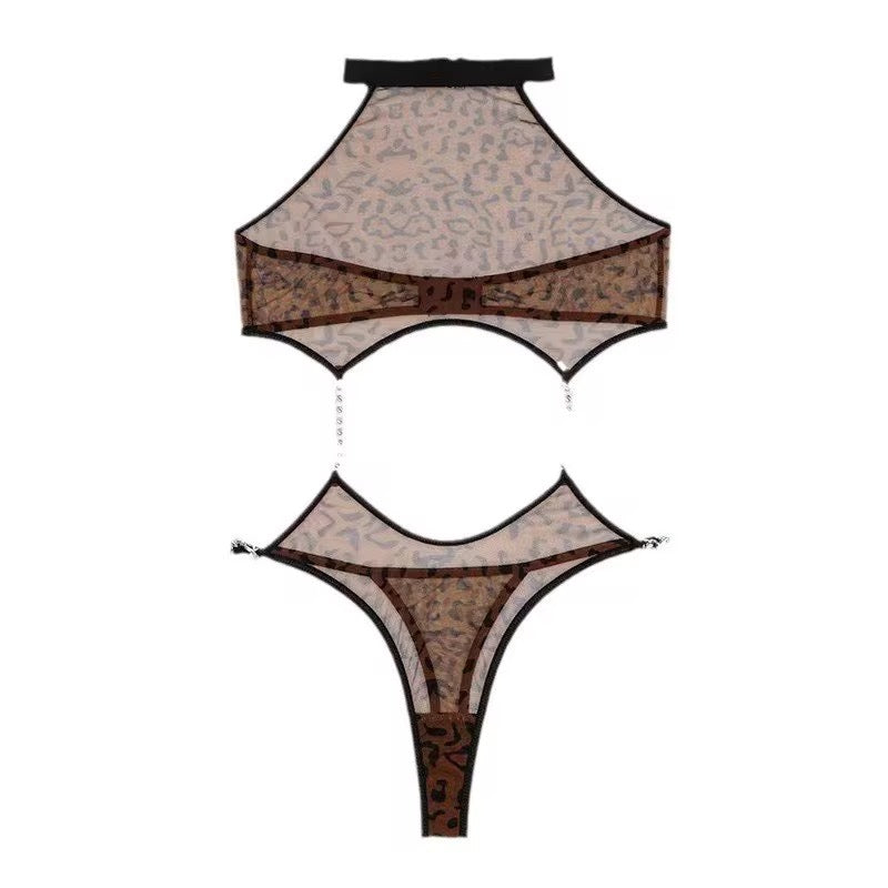 Leopard print lingerie set on a white background