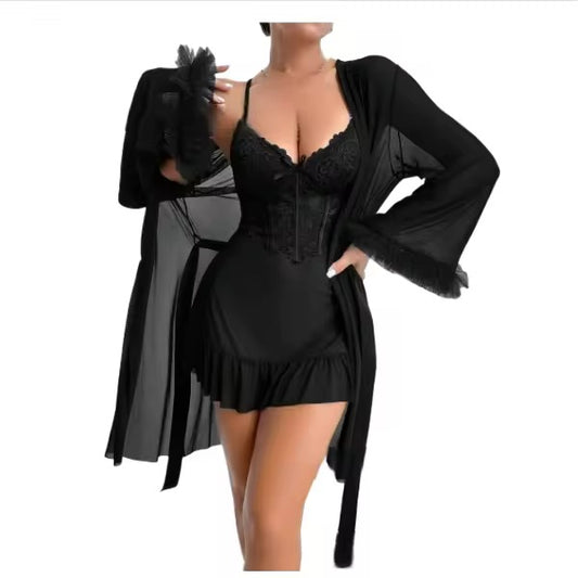 Black lingerie set with a matching robe on a white background