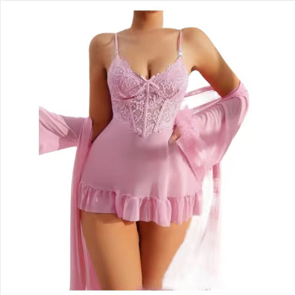 Pink lace nightgown with matching robe on a white background