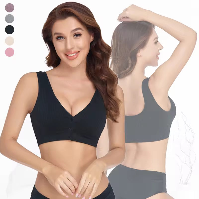 Woman wearing a black sports bra with color swatches on a white background