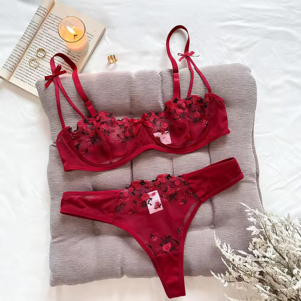BLS "Royal-Allure" Bow Strap Lingerie Set – Floral Mesh Beauty