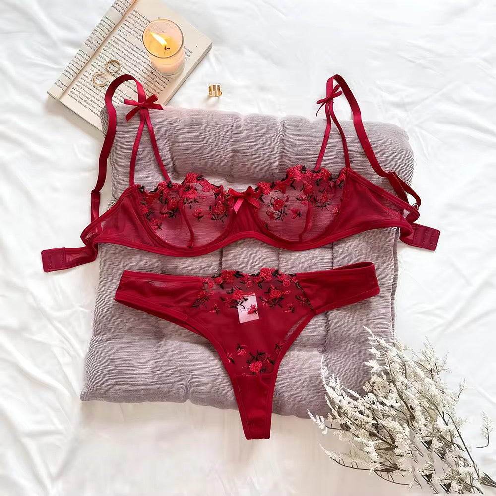 BLS "Royal-Allure" Bow Strap Lingerie Set – Floral Mesh Beauty