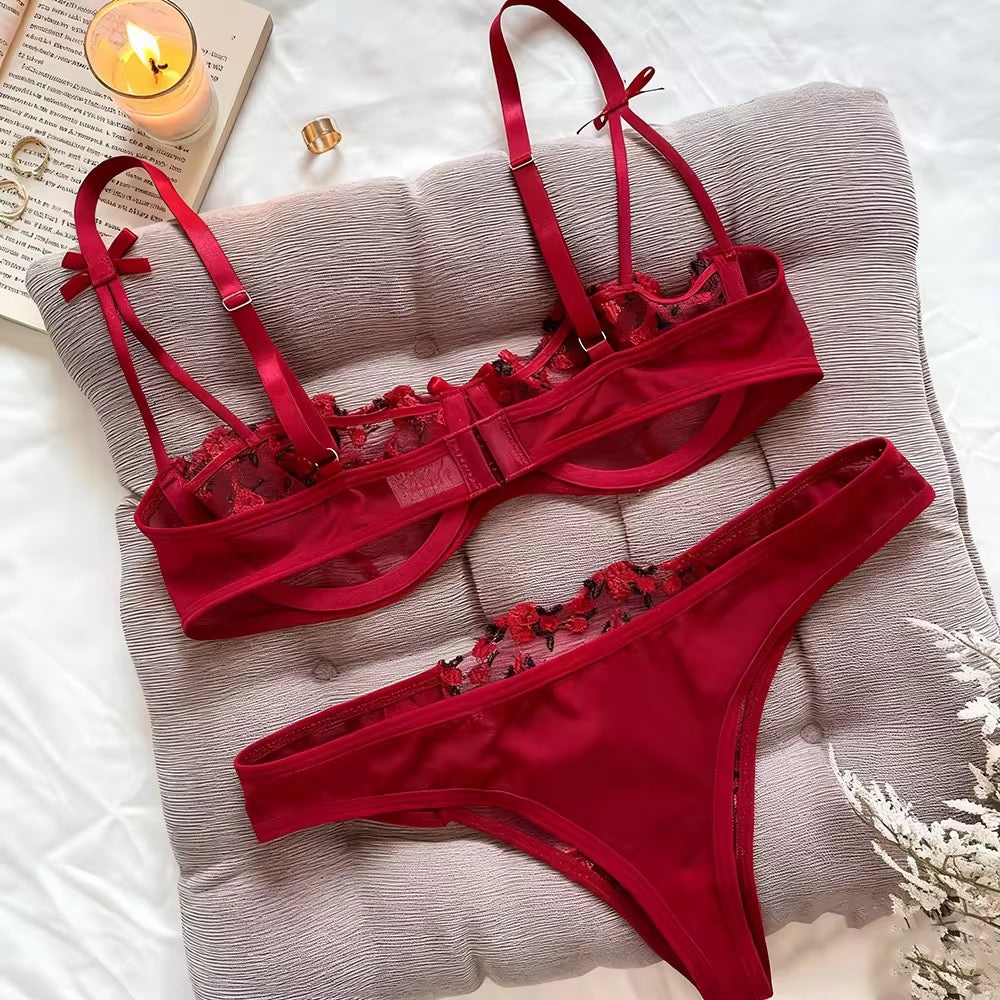 BLS "Royal-Allure" Bow Strap Lingerie Set – Floral Mesh Beauty