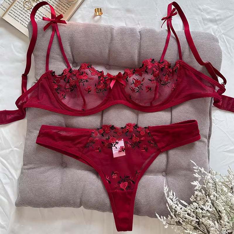 BLS "Royal-Allure" Bow Strap Lingerie Set – Floral Mesh Beauty