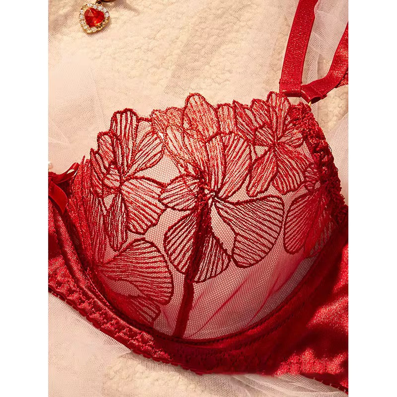 Red lace bra with floral patterns on a white background
