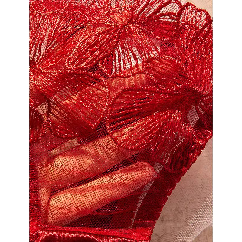 Close-up of red floral lace fabric