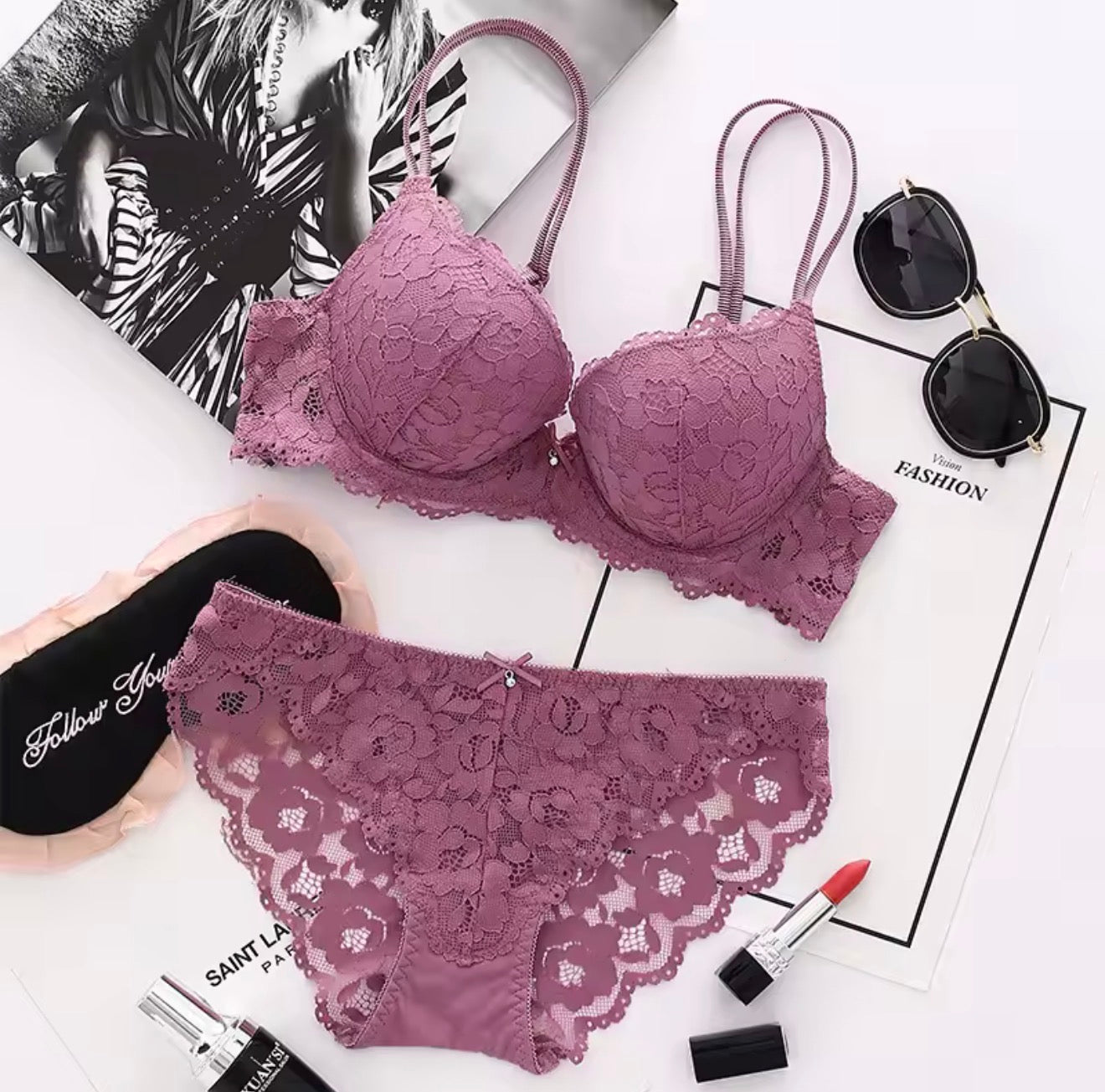 Victoria Secret Floral Lace Lingerie Set Padded Bra & Panty