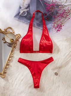 BLS Crimson Satin Cross Halter Lingerie