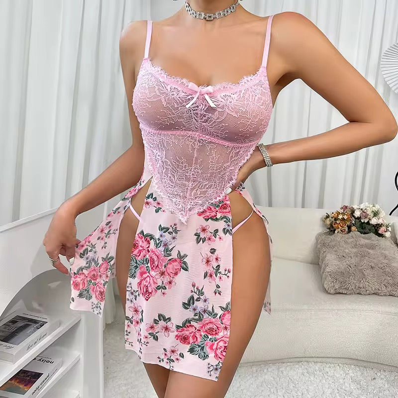 BLS Garden Grace Floral Babydoll Luxury High Slit Nighty