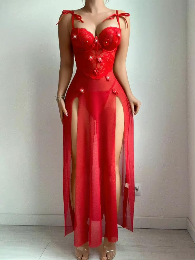 BLS Rose Garden Long Nighty Set Sheer High Slit Gown
