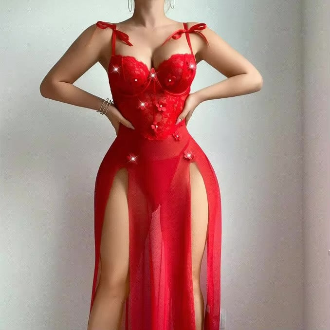 BLS Rose Garden Long Nighty Set Sheer High Slit Gown