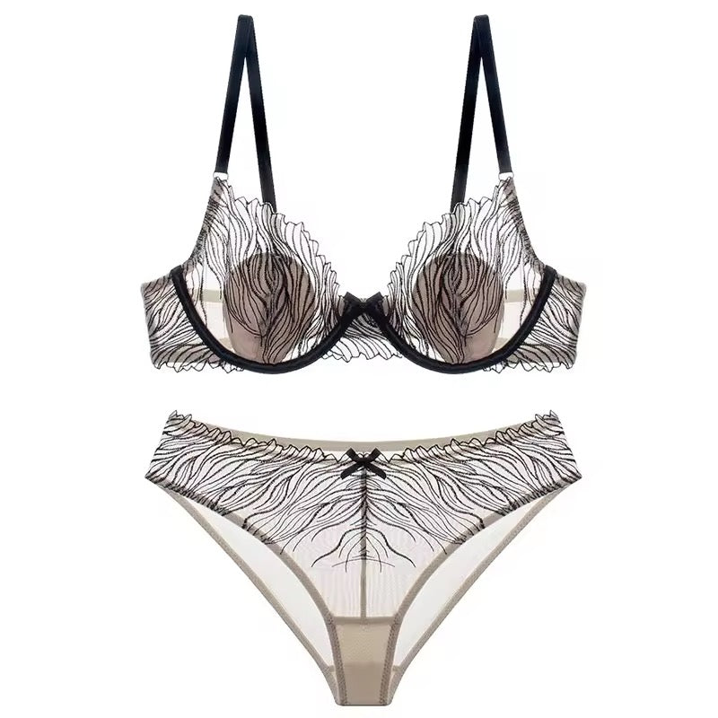 Lace lingerie set with black straps on a white background