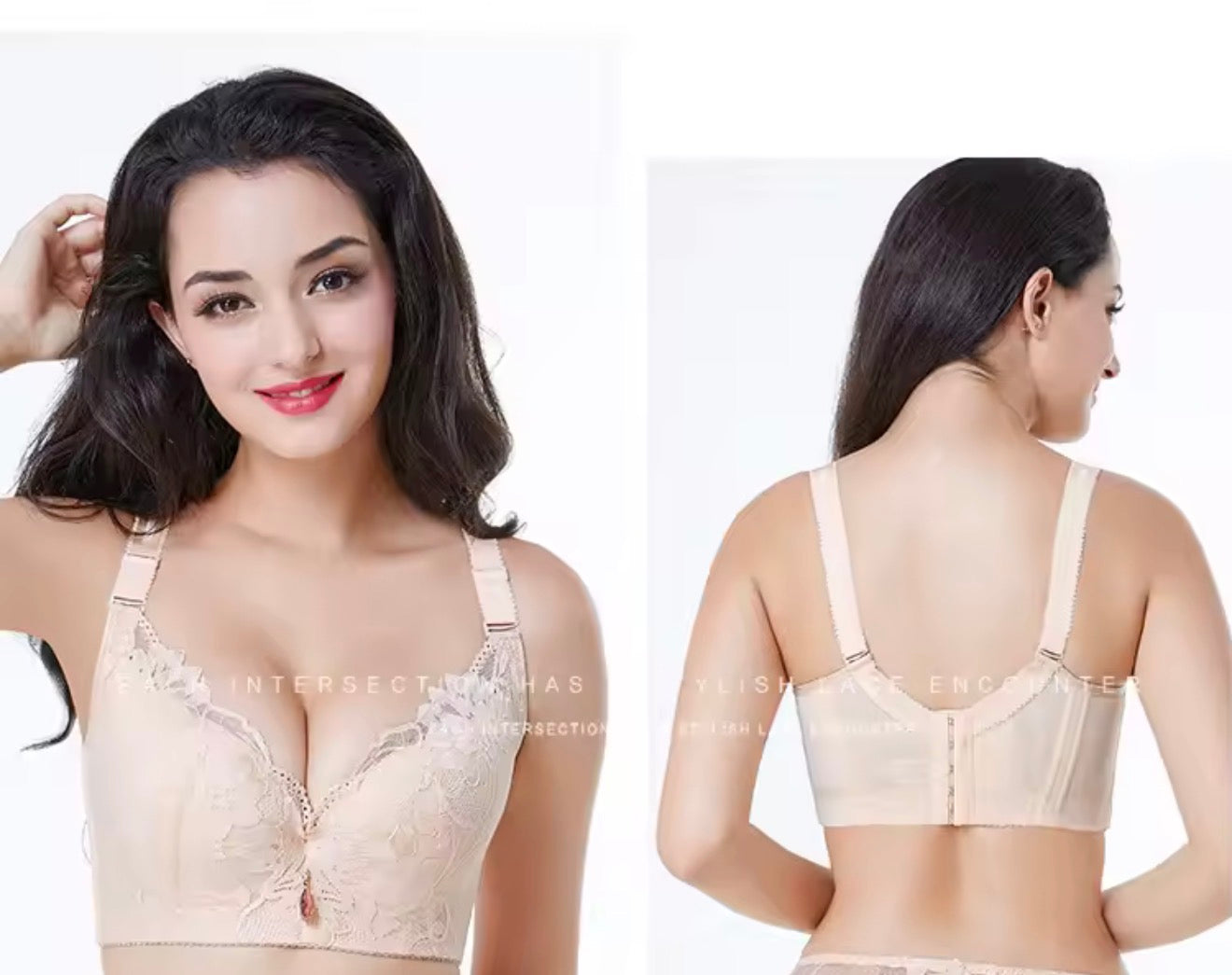 Woman wearing a beige bra with a close-up of the back view on a white background