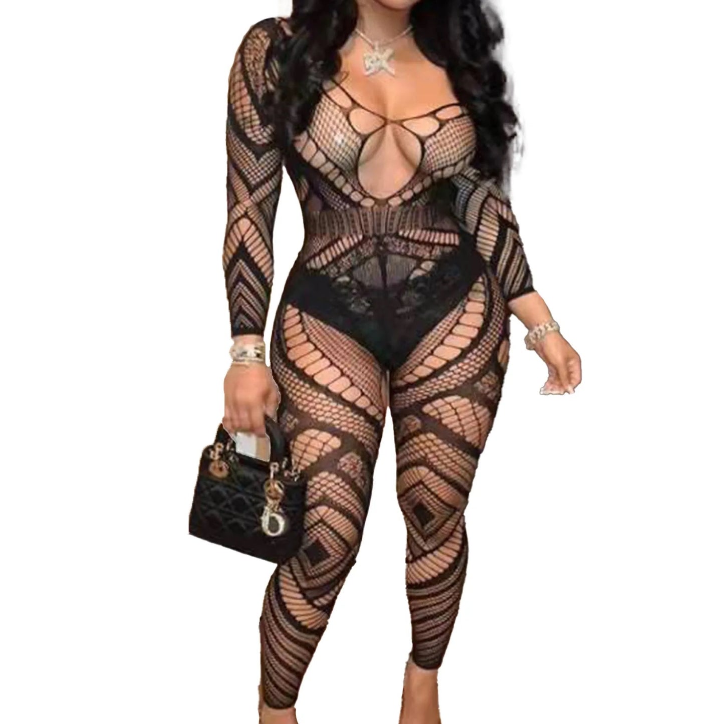 Full Body Stocking Zigzag Cross Net Lingerie - Basic