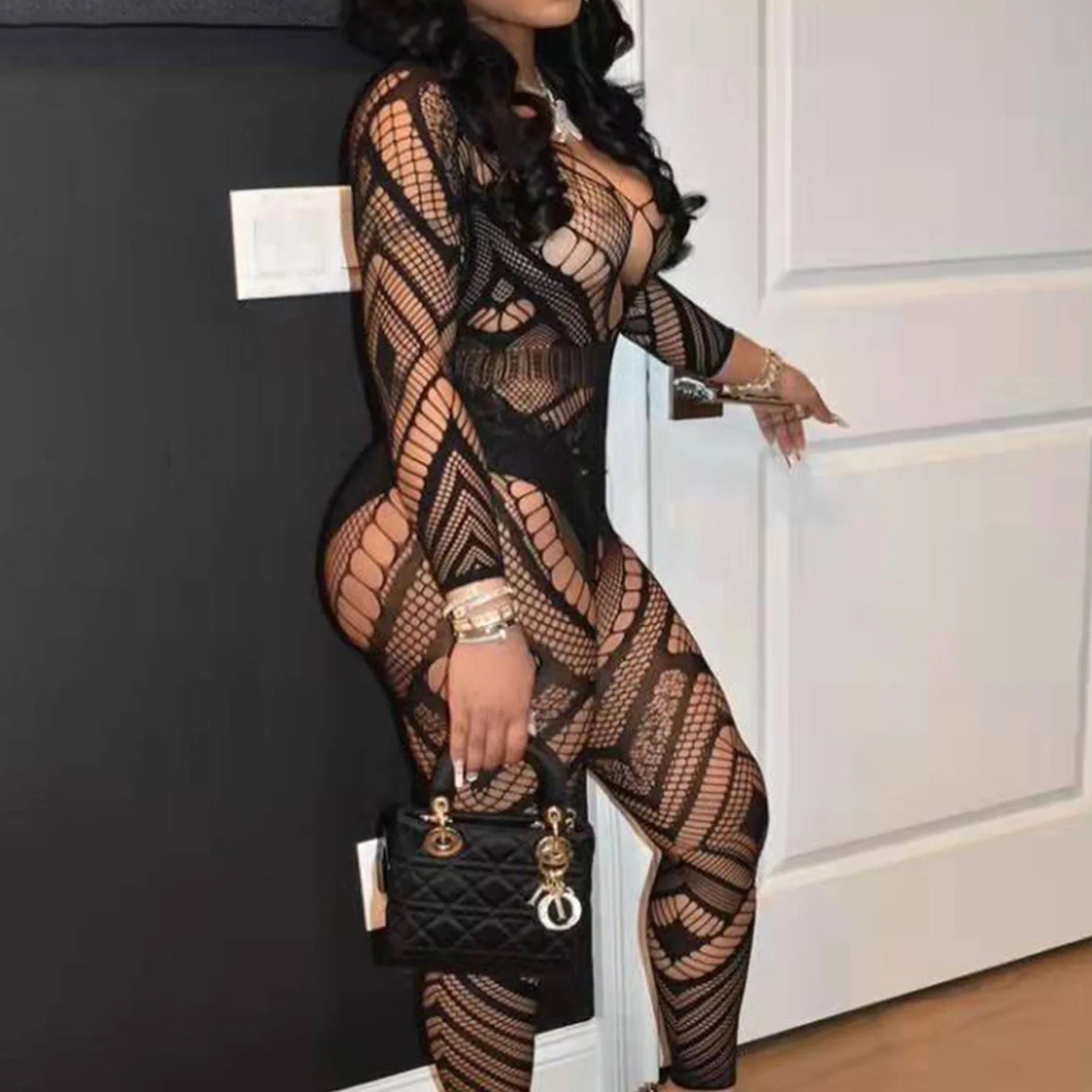 Full Body Stocking Zigzag Cross Net Lingerie - Basic