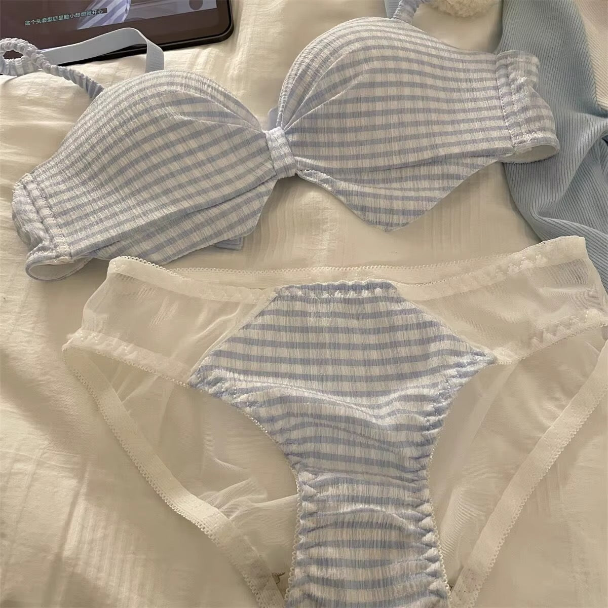 A matching women's underwear set laid flat on a light fabric surface, featuring a bra and panties in a pale blue and white gingham pattern with sheer off-white mesh trim.