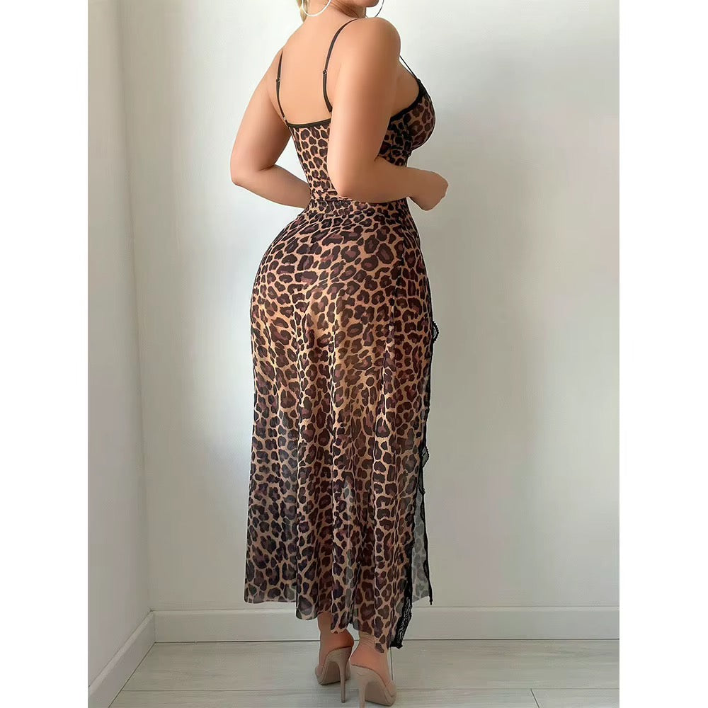 A woman modeling a leopard-print maxi dress from the back, featuring thin spaghetti straps, a fitted bodice, and a side slit, paired with nude high heels against a plain white wall.