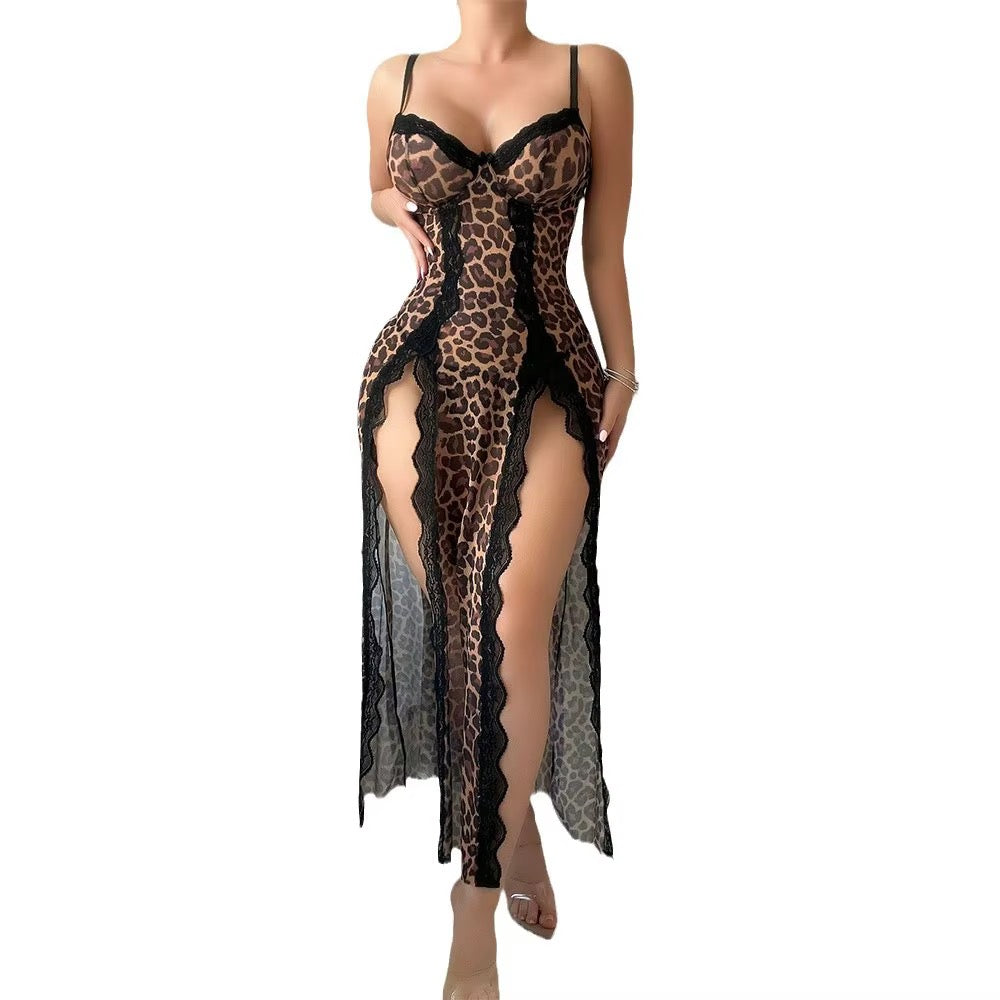 Leopard print lingerie dress with sheer panels on a white background