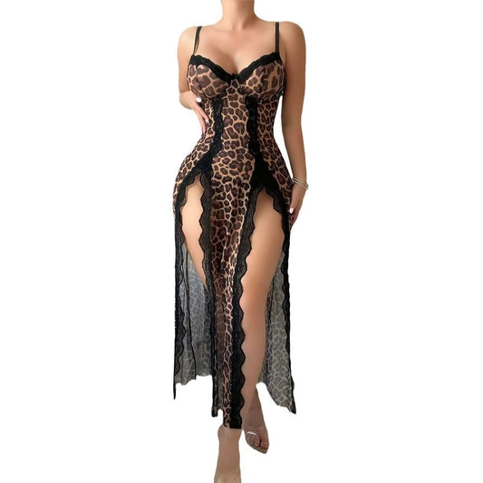 Leopard print lingerie dress with sheer panels on a white background
