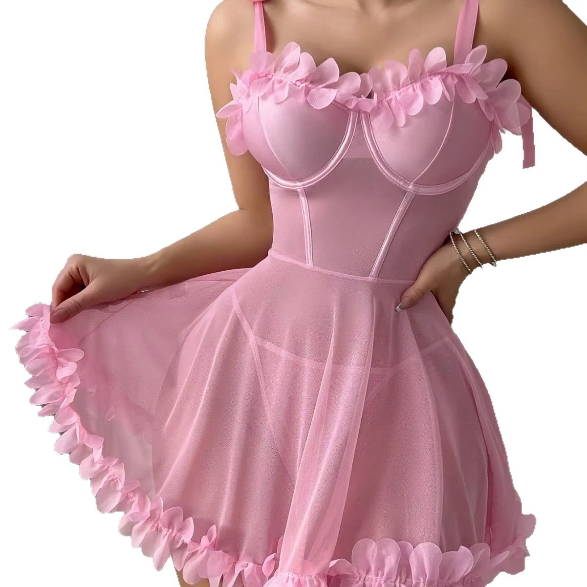 A pink corset-style dress with ruffled shoulder straps and a flared skirt, shown on a model against a plain white background.
