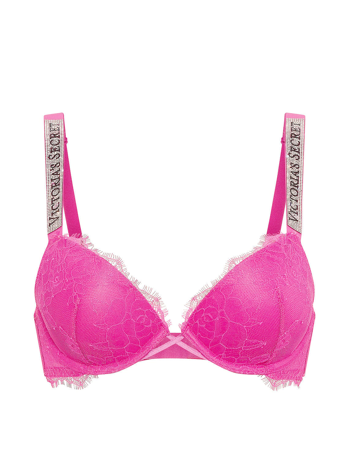A bright pink Victoria's Secret underwire bra with lace cups and fringed edges, shown against a plain white background.