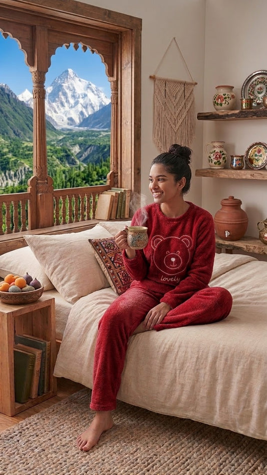 A woman wearing a red long-sleeve pajama set with a teddy bear graphic sits on a cream-colored bed in a rustic mountain-view room, holding a mug.