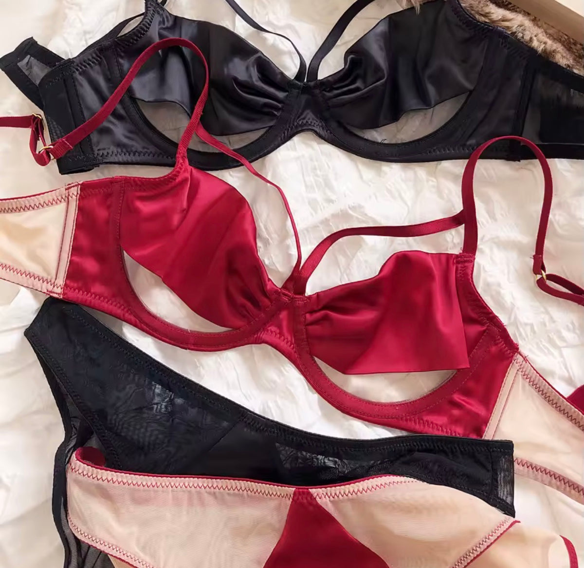 BLS Satin Lingerie Set: Cutout Bra & Panty