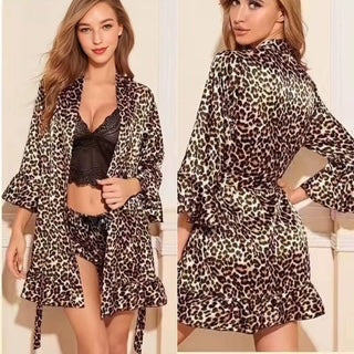 BLS Leopard Three-Piece Lingerie Set: Inner Top, Shorts & Robe