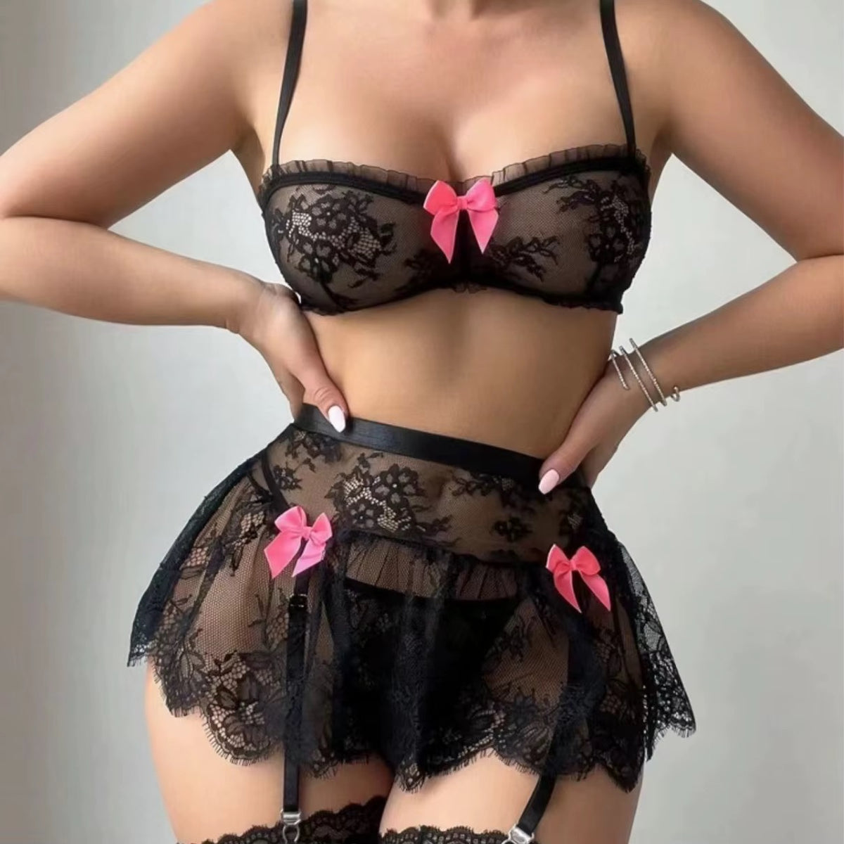 BLS Black Lace Bow Lingerie Nighty Set