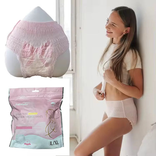 Woman wearing light pink period pants with a package of the same product on a white background.